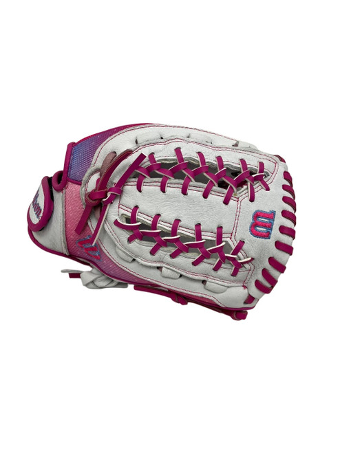Vist Large View of Product Image Which is Used Wilson Flash RH Throw Fastpitch White And Pink 12"Glove
