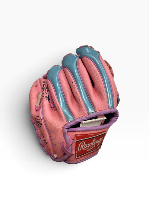 Vist Large View of Product Image Which is Used Rawlings PLAYER SERIES BB/SB Glove RH Throw Pink 9"