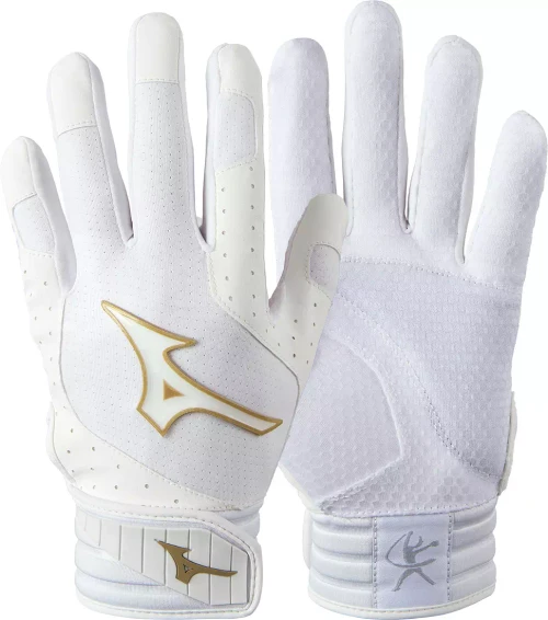 Vist Large View of Product Image Which is New Mizuno FINCH BB/SB Batting Gloves White And Gold SM