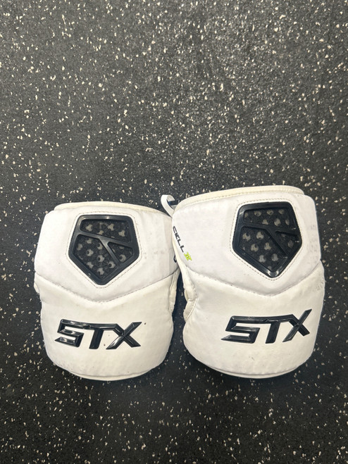 Vist Large View of Product Image Which is Used STX CELL 4 ELBOW CAPS Lacrosse Arm Pads/Guards White LG