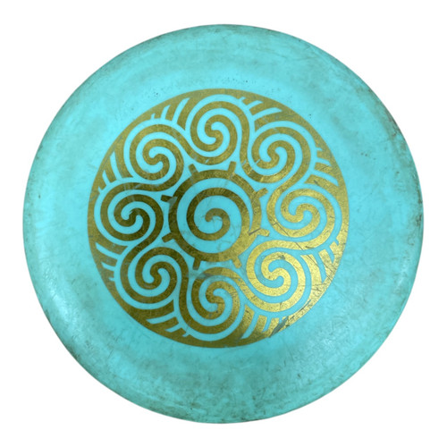 Vist Large View of Product Image Which is Used Teal Disc Golf Disc with Gold Swirl Stamp, top view