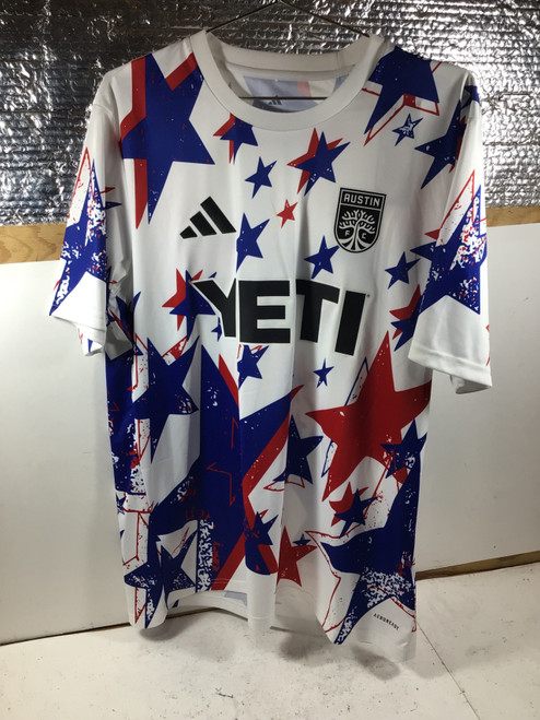Vist Large View of Product Image Which is NEW Adidas AUSTIN FC USA SHIRT Soccer Top Adt White/Royal/Red LG