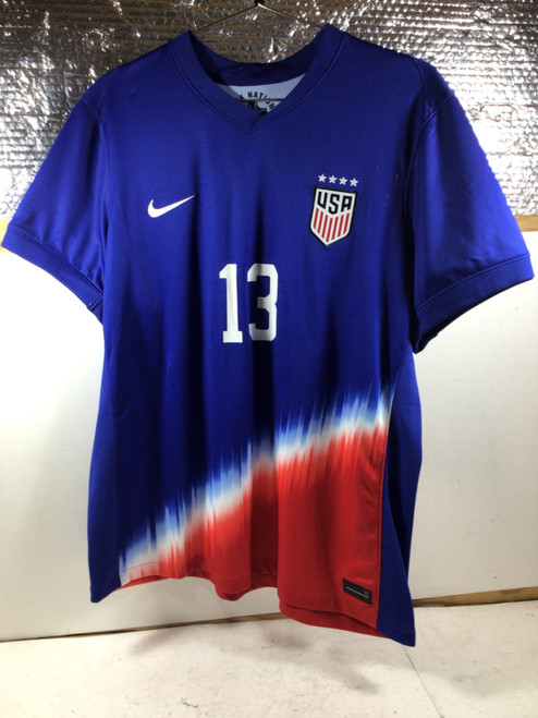 Vist Large View of Product Image Which is NEW Nike USA MORGAN WOMENS JERSEY Soccer Top Adt Royal Blue And Red XL