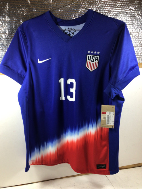Vist Large View of Product Image Which is NEW Nike USA MORGAN WOMENS JERSEY Soccer Top Adt Royal Blue And Red LG