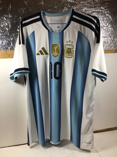 Vist Large View of Product Image Which is NEW Adidas ARGENTINA MESSI JERSEY Soccer Top Adt White And Royal Blue XL