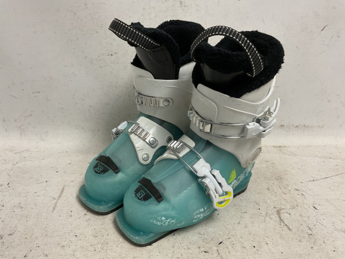 Vist Large View of Product Image Which is Used Salomon T2 Girls DH Ski Boot White And Carolina Blue 190 MP - Y12