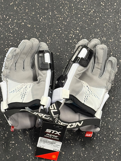 Vist Large View of Product Image Which is Used STX RZR 2 LAX Goalie Gloves M White LG