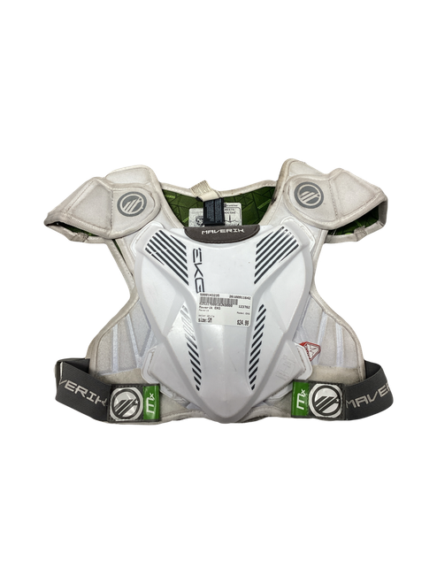 Vist Large View of Product Image Which is Used Maverik EKG Lacrosse Shoulder Pads White SM