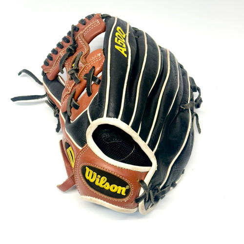 Vist Large View of Product Image Which is Used Wilson A500 BB/SB Glove LH Throw Black And Copper 11 1/2"