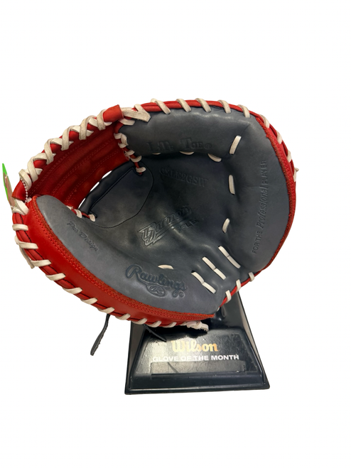 Vist Large View of Product Image Which is Used Rawlings GAMER XLE GXLE2GSW Leather Baseball Catchers Mitt RH Throw Grey And Red 32 1/2"