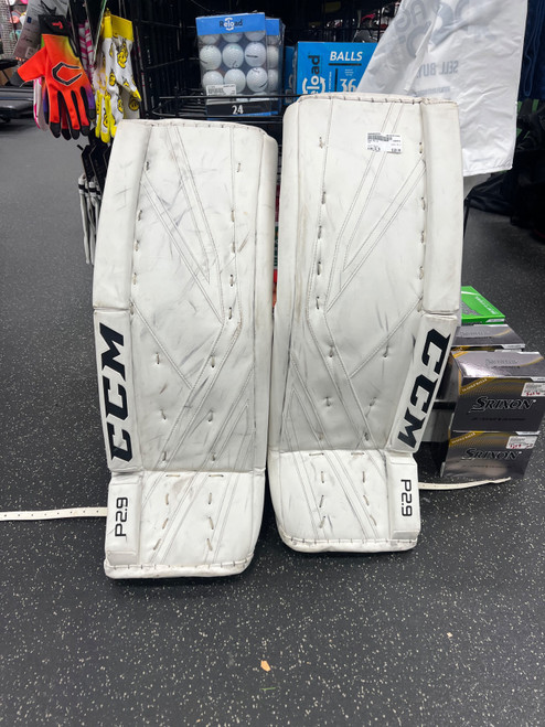 Vist Large View of Product Image Which is Used CCM P2.9 Goalie Leg Pads Senior White 32" + 1