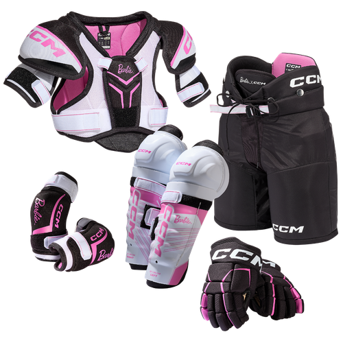 Vist Large View of Product Image Which is CCM Barbie Youth Hockey Protective Kit, Black/Pink