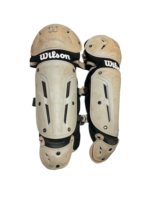 Vist Large View of Product Image Which is Used Wilson BLK/GREY PEE WEE SHIN GUARDS Catchers Leg Guards Black T-Ball
