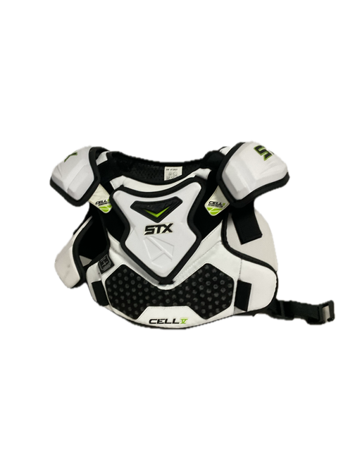 Vist Large View of Product Image Which is Used STX CELL V Lacrosse Shoulder Pads White SM