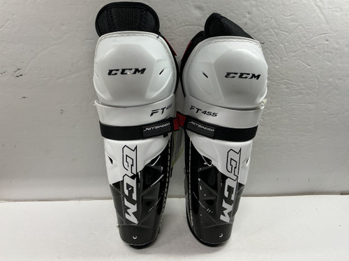 Vist Large View of Product Image Which is Used CCM JETSPEED FT 455 Junior Shin Guards Black And White 11"