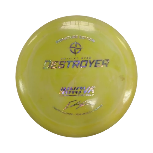 Vist Large View of Product Image Which is Used Innova SWIRLED STAR DESTROYER Disc Golf Driver Yellow 174g