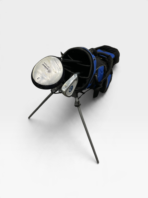 Vist Large View of Product Image Which is Used Confidence Junior 3-Club Golf Set with Stand Bag Right Hand Royal Blue 4 Piece, front view, stand legs out