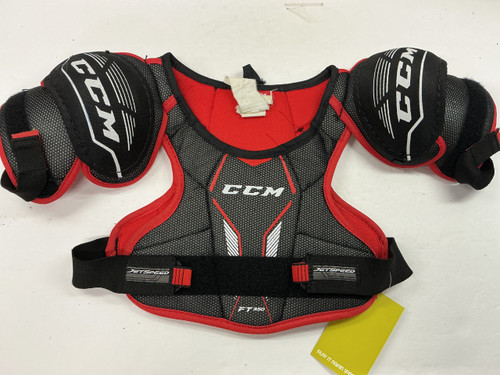 Vist Large View of Product Image Which is Used CCM JETSPEED FT350 Youth Shoulder Pads Black And Red MD