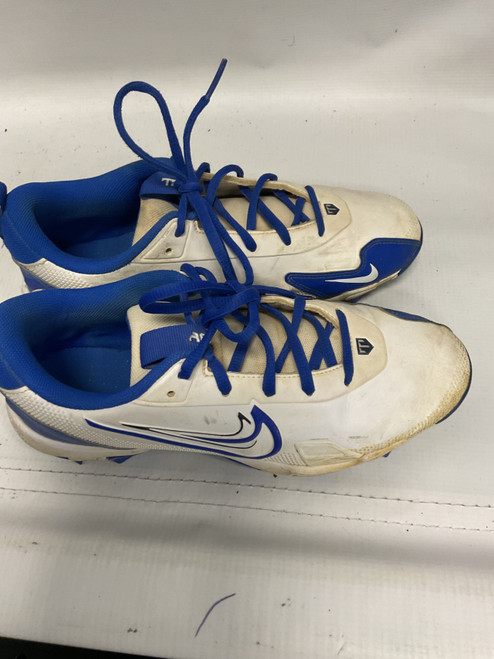 Vist Large View of Product Image Which is Used Nike TROUT 27 BB/SB Cleats White And Royal Blue Youth 06.0