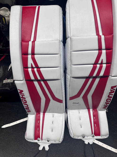 Vist Large View of Product Image Which is Used Vaughn V9 INTERMEDIATE LEG PADS Goalie Leg Pads Inter White 31"