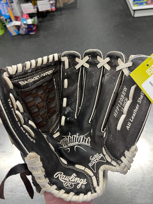 Vist Large View of Product Image Which is Used Rawlings HFP120BRW RH Throw Fastpitch Gloves Brown 12"