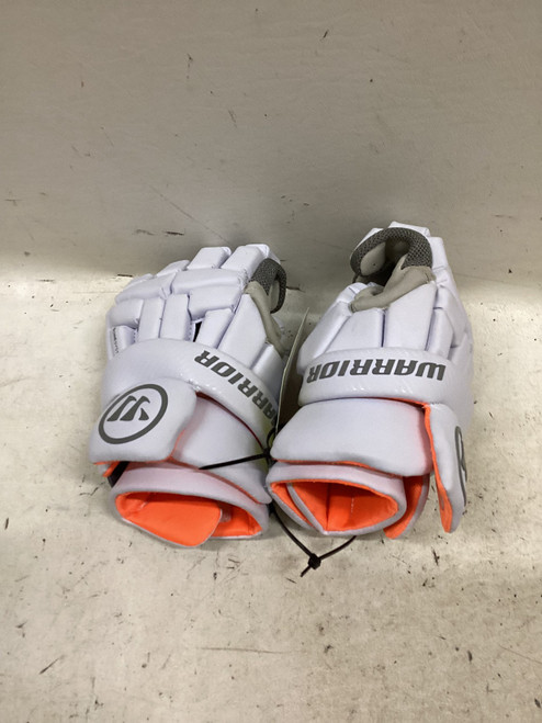 Vist Large View of Product Image Which is Used Warrior BURN Lacrosse Gloves Junior White And Orange SM