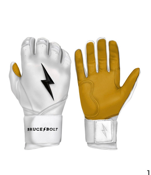 Vist Large View of Product Image Which is New ADULT WHITE PREMIUM PRO LONG CUFF BRUCE BOLT BATTING GLOVES