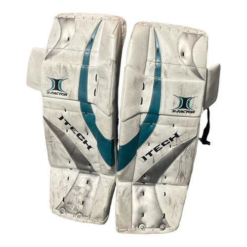 Vist Large View of Product Image Which is Used Itech X-FACTOR Goalie Leg Pads Junior White 25"