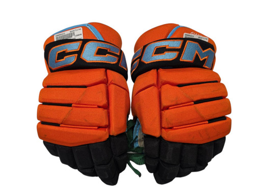 Vist Large View of Product Image Which is Used CCM 43PC Custom 95 Giants Senior Hockey Gloves Orange/Carolina Blue 13"