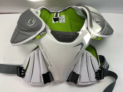 Vist Large View of Product Image Which is Used Maverik MAX Lacrosse Shoulder Pads Grey And White LG