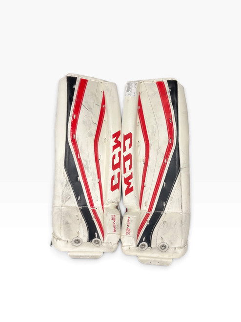 Vist Large View of Product Image Which is Used CCM PREMIER R1.5 LEG PADS Goalie Leg Pads Youth White 21"