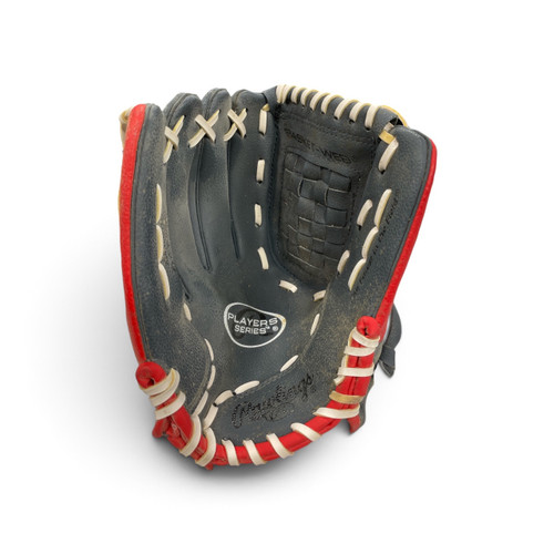 Vist Large View of Product Image Which is Used Rawlings Players Series Baseball/Softball Glove 11 1/2" Left Hand Throw Grey And Red, palm view