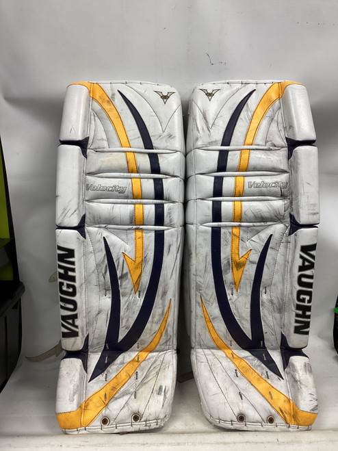 Vist Large View of Product Image Which is Used Vaughn VELOCITY V5 7800 Goalie Leg Pads Senior White 34"