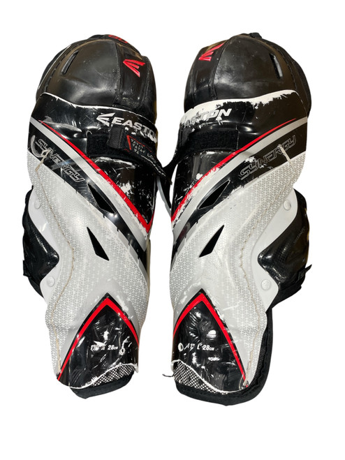 Vist Large View of Product Image Which is Used Easton SYNERGY Junior Hockey Shin Guards Silver And Black 11", front view