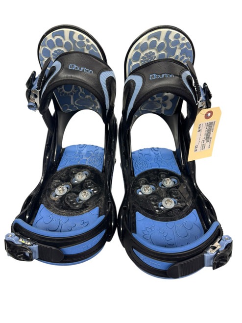 Vist Large View of Product Image Which is USED BURTON STILETTO WOMENS SNOWBOARD BINDING BLACK AND BLUE
