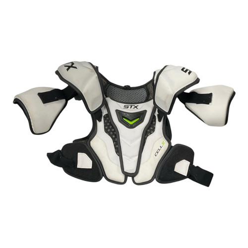 Vist Large View of Product Image Which is Used STX CELL IV Lacrosse Shoulder Pads White LG