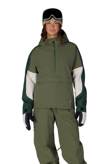 Vist Large View of Product Image Which is New 686 WOMEN'S OUTLINE SHELL ANORAK JACKET FATIGUE GREEN COLORBLOCK MD