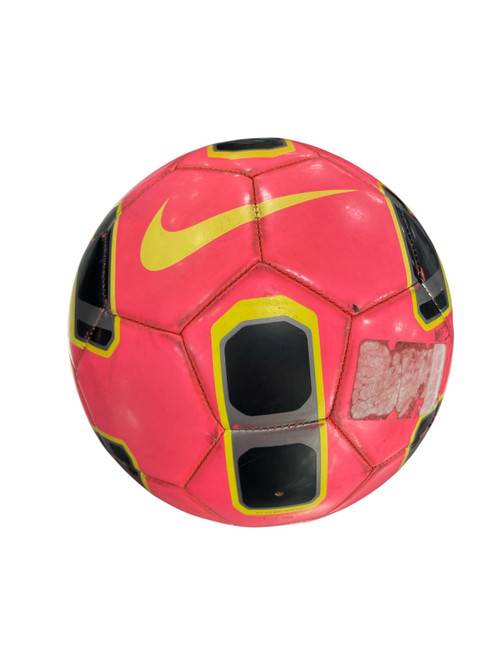 Vist Large View of Product Image Which is Used Nike Size 4 All Size Soccer Ball Pink/Volt, ball view, logo side