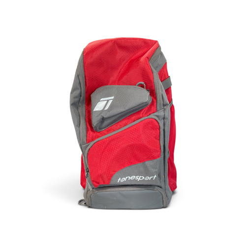 Vist Large View of Product Image Which is Used Tensport BatPack 30 Baseball/Softball (BB/SB) Player Backpack Grey And Red, front view with Tensport logo