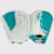 Two images of the palm and back of a 12.5-inch white/teal Rawlings Shut Out faspitch softball glove View 1