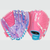 Two images showing the palm and back of a pink/tie-dye Rawlings Flex Palm Series 10-inch Youth Softball Glove View 1