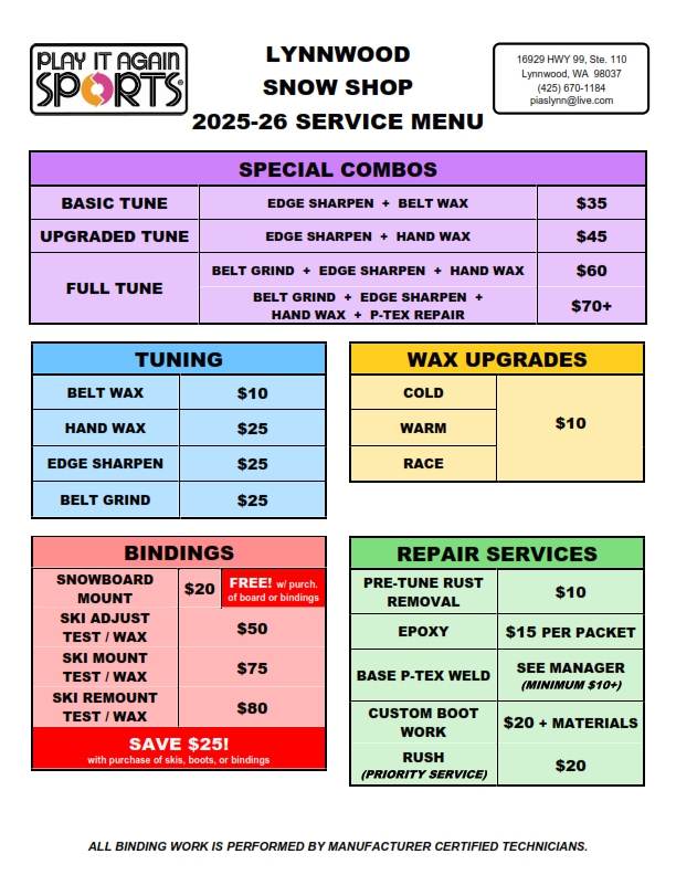 Need your board waxed? Do your skis need to be tuned? Avoid the rush and stop in to drop off your gear for service.