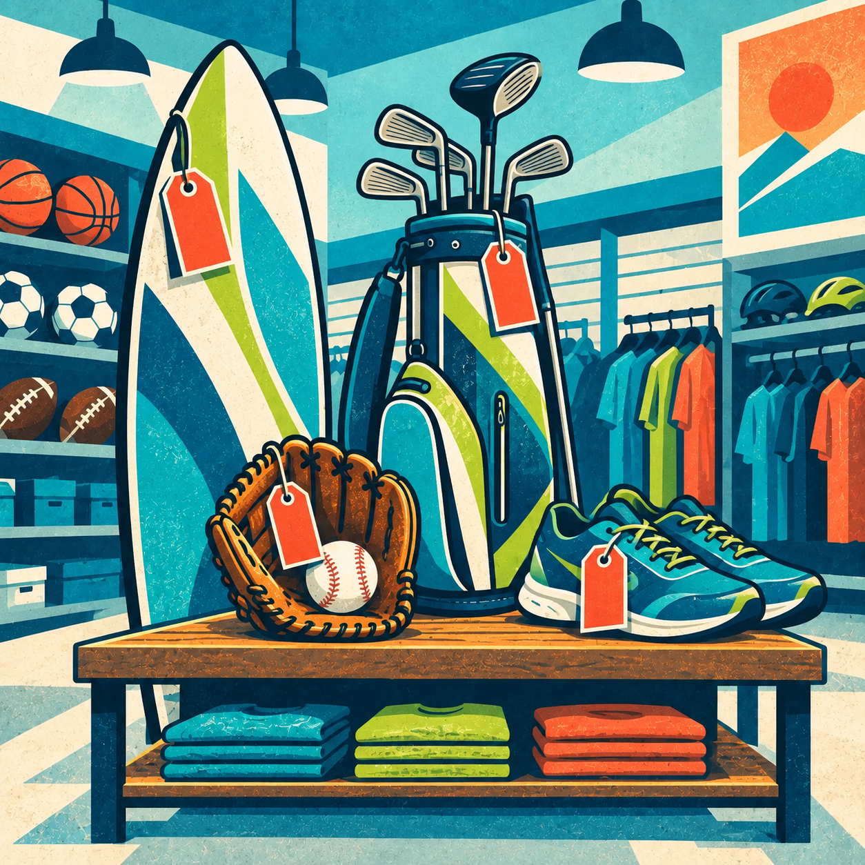 Illustrated display of discounted sporting goods in the Oceanside store