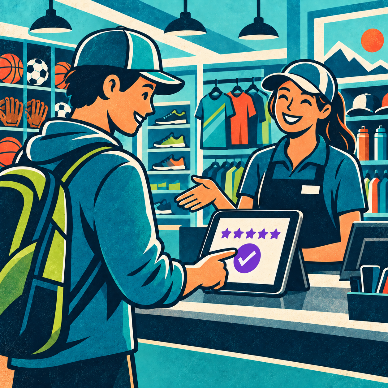 Illustration of a customer checking in to FiveStars Rewards at the counter