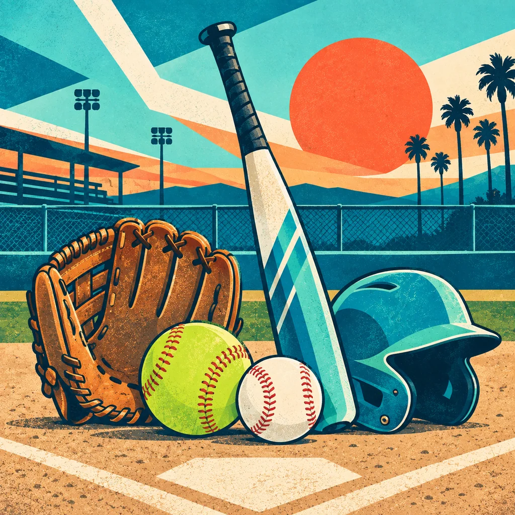 Illustrated baseball bat, glove, balls and helmets