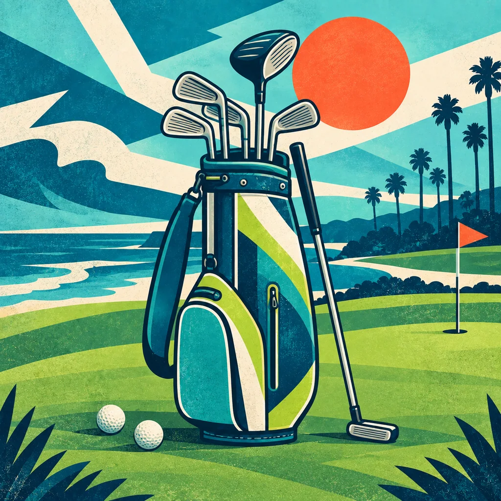 Illustrated golf clubs, bag and putting green