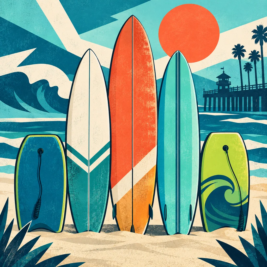 Illustrated surfboards and bodyboards by the Oceanside coast
