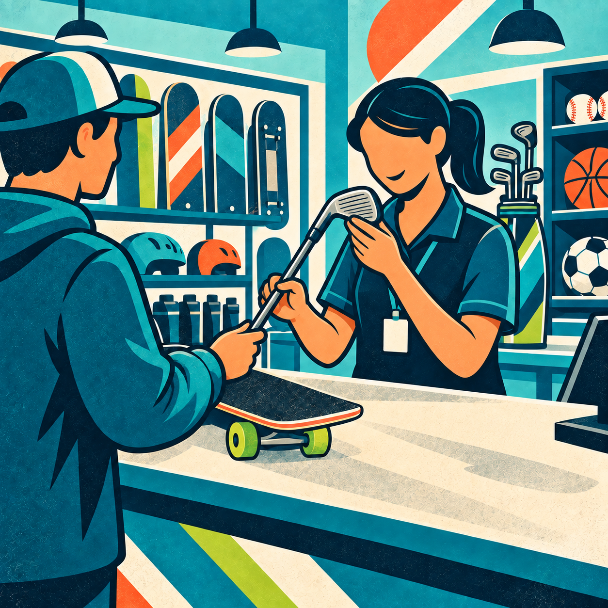 Illustration of a customer having a golf club evaluated at the Oceanside store