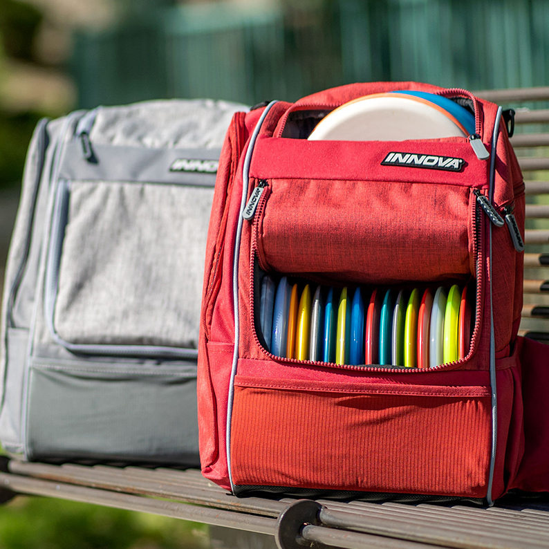 red disc golf bag