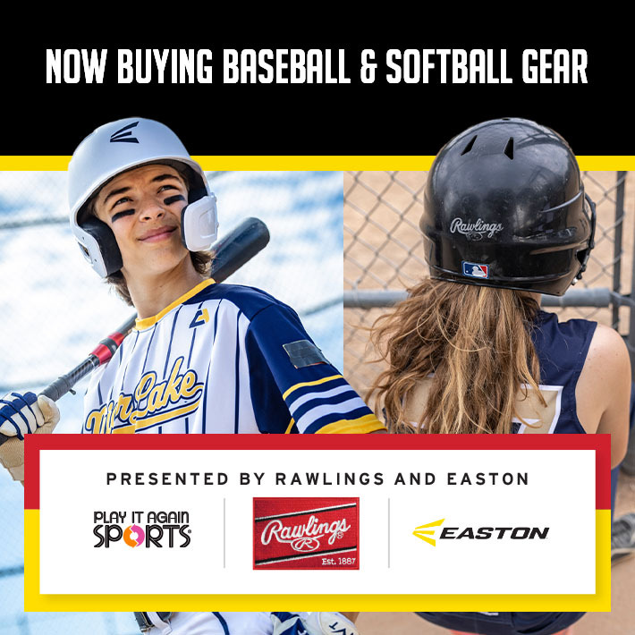 Boy poses with baseball bat, girl with softball helmet from behind